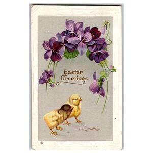 1913 Easter Greetings Postcard Chicks Purple Violets Ohio Postmark Vintage